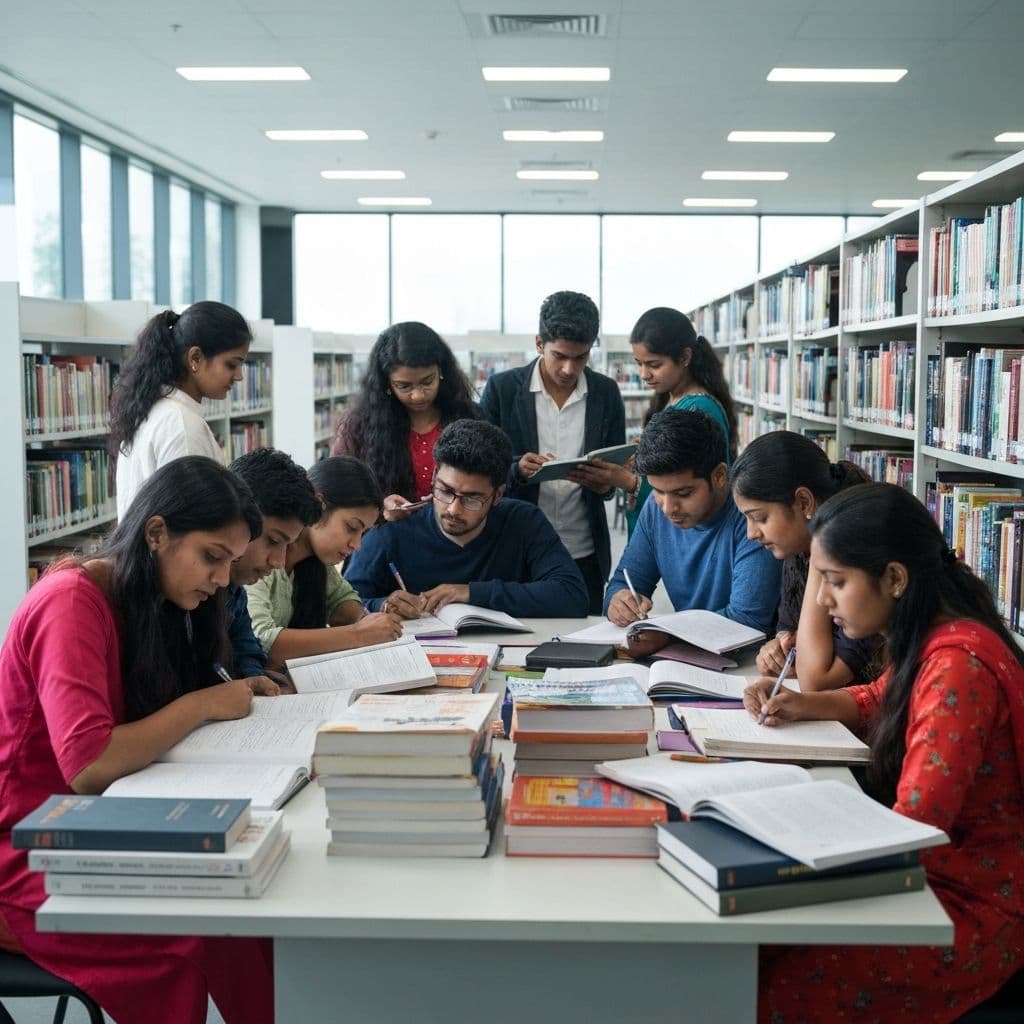 Indian students group studying together for exams